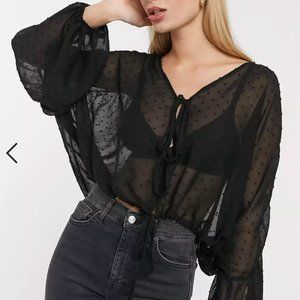 Long sleeve sheer tie-front blouse